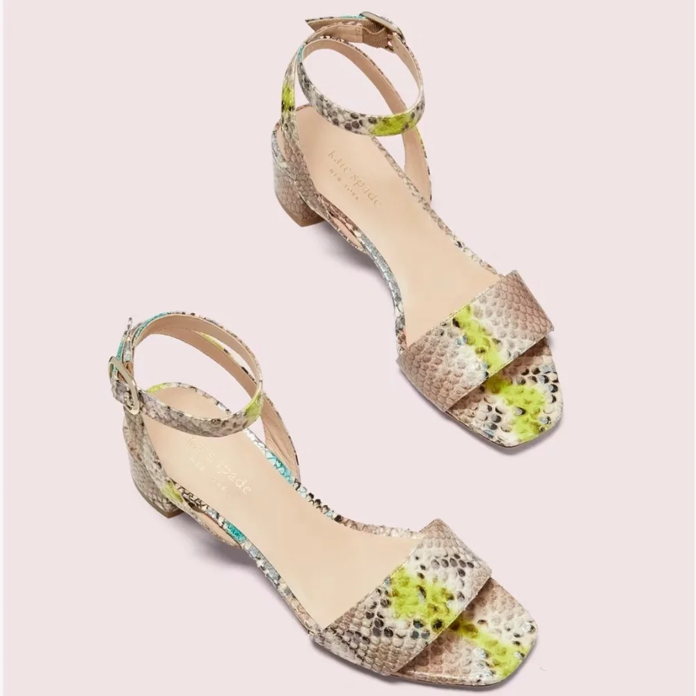 KATE SPADE Lucia Snakeskin Leather block heel Sandall Ankle strap round toe shoe